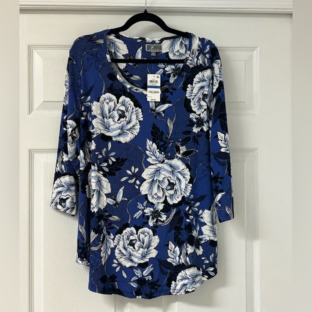 JM Collection Blue Floral Long Sleeve Top